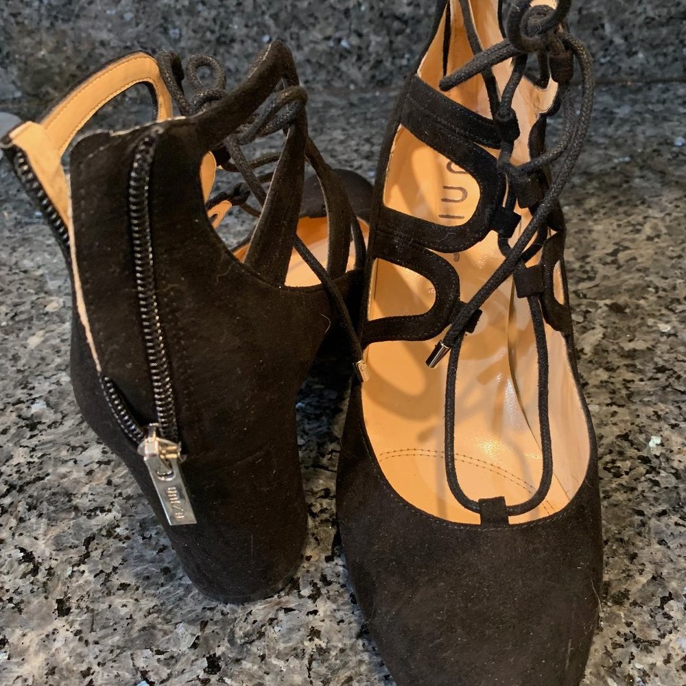 Black suede front open lace to ankle heels